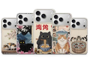 Funda de teléfono con diseño de gato japonés para iPhone 17 Pro Max, 16e, 15, 14 y 13, Samsung S26 Ultra, S25, S24 FE, A56, A16, Pixel 10 XL, 9a, 8 y 7