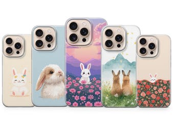 Bonita funda de conejito para teléfono, diseño de conejo de primavera y Pascua, para iPhone 17 Pro Max, 16e, 15, 14 y 13, y Samsung S25 Ultra, S24 FE, A56, A16, Pixel 10 XL, 9a, 8 y 7.