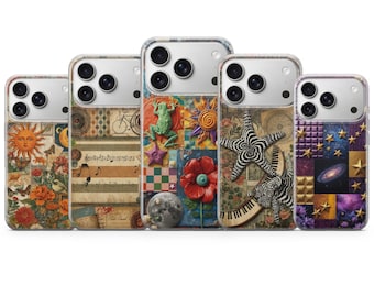 Funda para teléfono Retro Whimsy con diseño artístico tipo collage para iPhone 17 Pro Max, 16e, 15, 14, 13, Samsung S26 Ultra, S25, S24 FE, A56, A16, Pixel 10 XL, 9a, 8, 7.