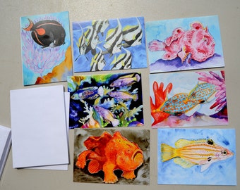 Reef fish Watercolors Note cards Series 2-,set of 8 cards and 9 envelopes