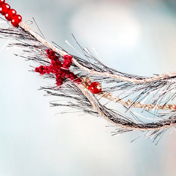 Fiber jewelry and summer bridesmaid necklace "Starfish Dream". Red starfish and gray sea anemons for beach party dress.