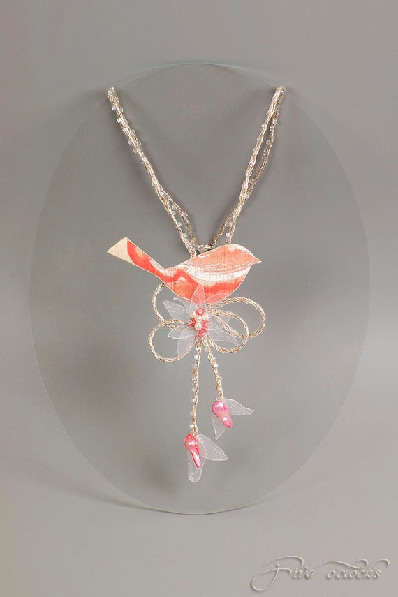Items similar to Wedding fine art necklace with silk bird and pink