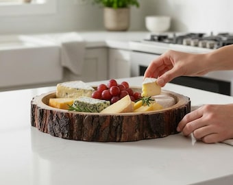 Bandeja redonda de madera de mango tallada a mano / Plato rústico artesanal / Utensilios de cocina ecológicos