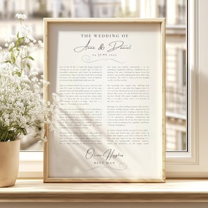 Puede incluir: Una impresión enmarcada de un discurso de boda titulada The Wedding of Anna & Daniel, fechada el 04 de junio de 2025. El documento presenta texto negro en fuente serif y cursiva sobre fondo blanco, firmado por Oliver Hughes, Best Man, en marco de madera clara.