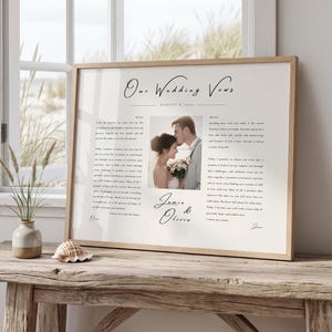 Peut inclure: Une impression encadrée de vœux de mariage avec le texte Our Wedding Vows, August 8, 2025, et les prénoms Jamie & Olivia. Le design comprend une photographie centrale d'un couple, entourée de deux colonnes de texte, dans un cadre en bois clair.