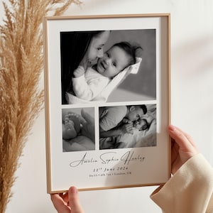 Gepersonaliseerde babyfotocollageprint, geboortestatistieken muurkunst, 3 zwart-wit foto's aandenken, decoratie pasgeboren baby, cadeau nieuwe ouders