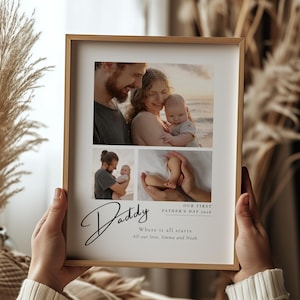May include: A framed photo collage with a light wood frame. The collage features three family photos and the word "Daddy" in cursive. Text at the bottom reads "Our First Father's Day 2016" and "Where it all starts. All our love, Emma and Noah."