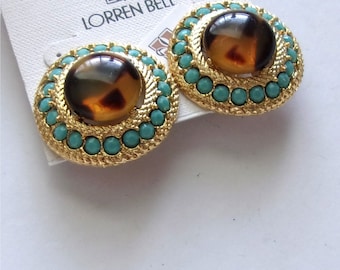 Lorren Bell earrings  clip on goldtone faux tortoise shell aqua stones tags