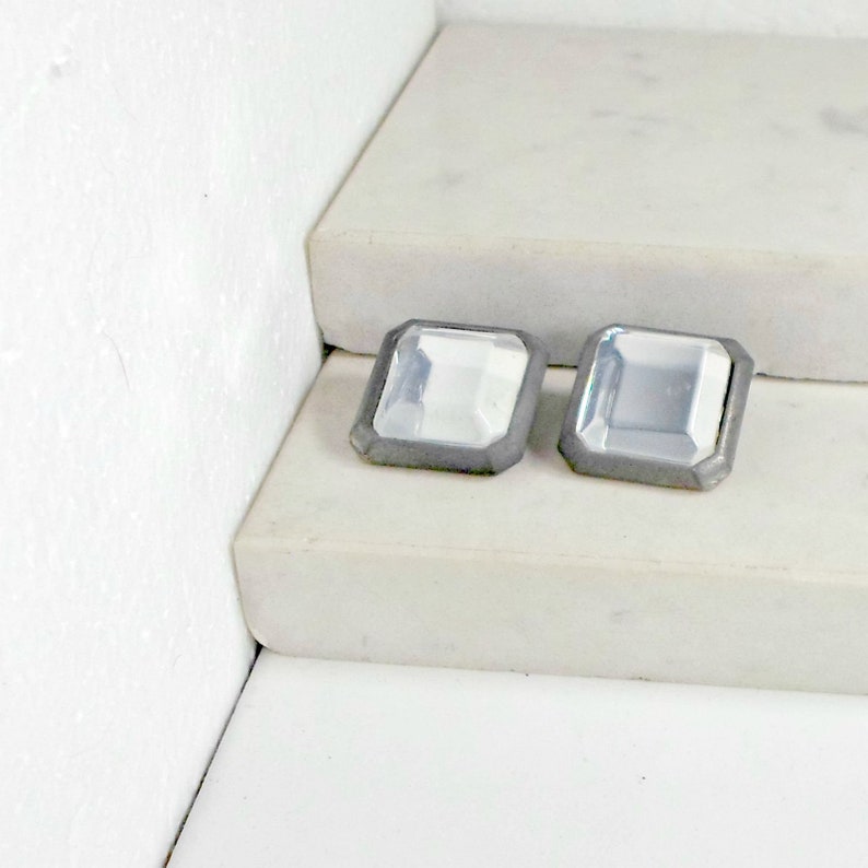 Earrings clip on mirror front framed squares vintage