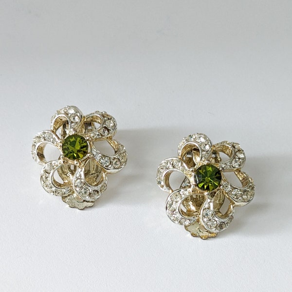 Vintage earrings clip on floral design rhinestones with green center Pat.Pend