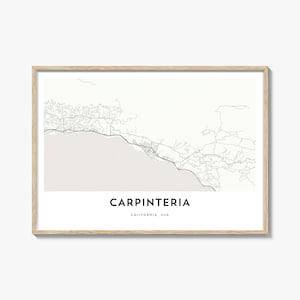 May include: A framed print featuring a map of Carpinteria, California, USA. The map is in a minimalist style, with a light gray color scheme. The city name is displayed in a bold, black font at the bottom.