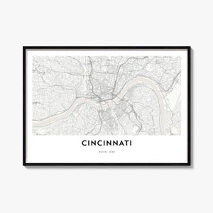 Mapa de Cincinnati impreso, póster horizontal de la ciudad, arte mural de Ohio