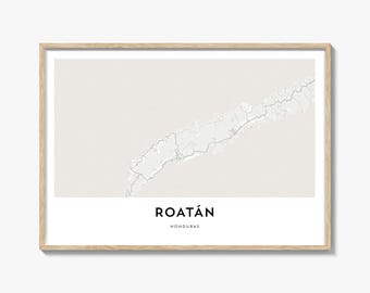 Roatan Map Landscape Print, Honduras Wall Art, Caribbean Poster, Bay Islands Decor, Horizontal Location