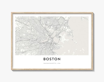 Boston Map Landscape Print, Massachusetts Poster, USA Wall Art, Beantown Street Decor, Custom Horizontal