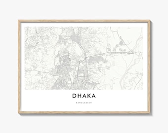 Dhaka Map Landscape Print, Bangladesh City Poster, Custom Street Art, Horizontal Wall Decor