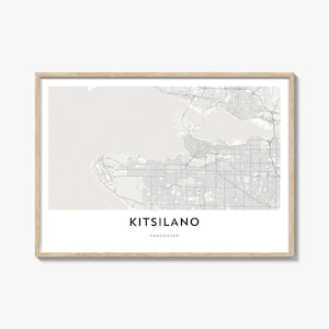 以下が含まれることがあります： ミニマリストスタイルの、バンクーバーのキツィラノの地図プリントを額装したものです。 地図はグレーと白のトーンで、下に「KITSILANO」と「VANCOUVER」という名前が印刷されています。 フレームは明るい木の色です。