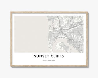 Sunset Cliffs Map Landscape Print, San Diego Poster, California Wall Art, USA Custom Decor