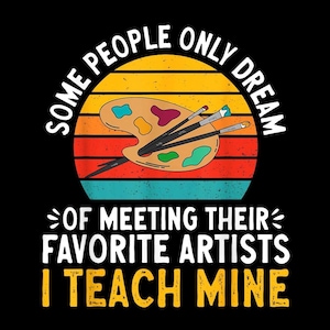 Puede incluir: Gráfico negro con un diseño de puesta de sol, una paleta y pinceles. El texto dice: "ALGUNAS PERSONAS SOLO SUEÑAN CON CONOCER A SUS ARTISTAS FAVORITOS, YO ENSEÑO A LOS MÍOS".