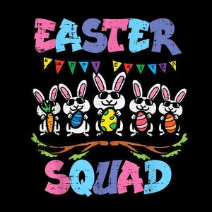 Puede incluir: Un diseño gráfico colorido con las palabras "EASTER SQUAD". Cinco conejos de dibujos animados con gafas de sol y huevos de Pascua y una zanahoria están posados en una rama, con una pancarta de "Happy Easter" arriba.
