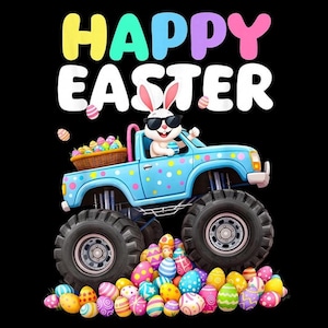 May include: A colourful cartoon image with the words "HAPPY EASTER". A bunny in sunglasses drives a blue monster truck filled with Easter eggs and a basket of eggs. A pile of decorated Easter eggs is at the bottom of the image.