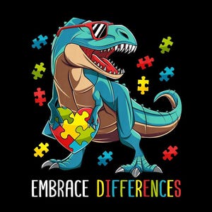 Embrace Differences PNG, Autism Awareness Dinosaur PNG, T Rex Puzzle Shirt PNG, Neurodiversity Support Design, Autism Gift, Digital Download