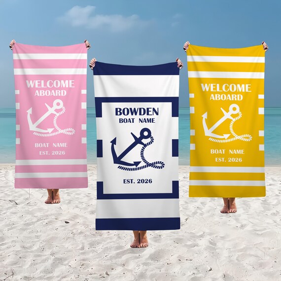 Personalized Nautical Anchor Beach Towels, Welcome Aboard Swim Towel,Birthday Club Pool Towels,Custom Boat Yatcht Towel,Summer Vacation Gift