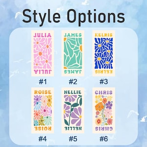 May include: A rectangular chart titled Style Options displaying six vertical designs labeled #1 through #6. Each design features a unique floral pattern and a personalized name printed at the top and bottom in bold, uppercase, sans-serif lettering.