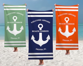 Personalisierte nautische Anker Strandtücher, Willkommen an Bord Schwimmtuch, Geburtstagsclub Pool Handtücher, kundenspezifische Boot Yatcht Handtuch, Sommerferien Geschenk