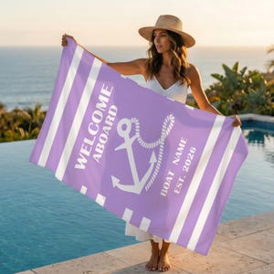 Personalized Nautical Anchor Beach Towels, Welcome Aboard Swim Towel,Birthday Club Pool Towels,Custom Boat Yatcht Towel,Summer Vacation Gift image 2