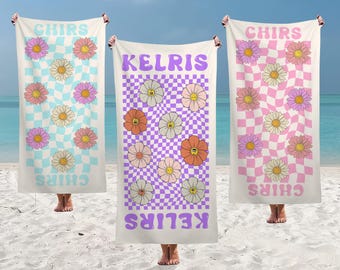 Spersonalizowane ręczniki plażowe Groovy Daisy, ręcznik basenowy z szachownicą, ręcznik kąpielowy z nadrukiem, ręcznik plażowy na wieczór panieński, prezent na letnie wakacje