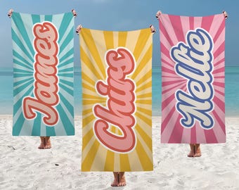 Personalisierte Strandtücher, Groovy Schwimmtuch, Regenbogen Strandtücher, Kinder Handtuch, Retro Style Pool Party, individuell bedrucktes Handtuch, Urlaubsgeschenk