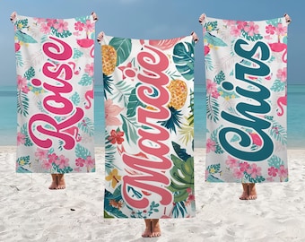 Personalisierte tropische Strandtücher, Flamingo Name Pool Handtuch, individuell bedruckte Schwimmtuch, Bachelorette Strandtuch, Sommerferien Geschenk