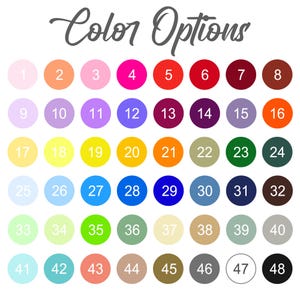 May include: A color chart with 48 numbered color options in a grid. The colors include shades of pink, orange, yellow, green, blue, purple, brown, and black. The words "Color Options" are written in cursive at the top.