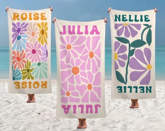 Personalisierte Strandtücher, Retro Floral Pool Handtuch, Name Badetuch, Individuell bedrucktes Schwimmtuch, Bachelorette Strandtuch, Sommerferien Geschenk