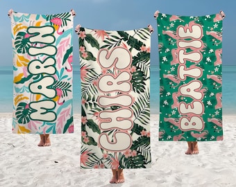 Personalized Tropical Floral Beach Towels, Flamingo Name Pool Towel, Custom Printed Swim Towel,Bachelorette Beach Towel,Summer Vacation Gift