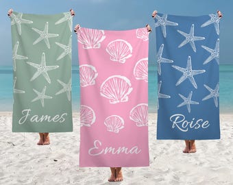Personalisierte Strandtücher, Seestern-Lachehandtücher, Muschel-Schwimmtuch, Individuell bedrucktes Handtuch, Kinder-Namenstuch, Urlaubsgeschenk, Schulteamgeschenke
