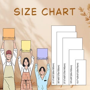 May include: A size chart graphic with the text "SIZE CHART" at the top. Three people hold up squares of different colors, with measurements in inches and centimeters. Several white rectangles show additional size options.