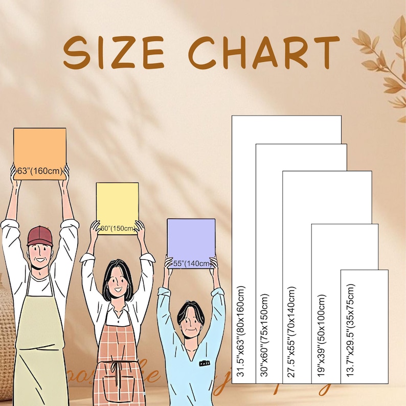 May include: A size chart graphic with the text "SIZE CHART" at the top. Three people hold up squares of different colors, with measurements in inches and centimeters. Several white rectangles show additional size options.