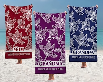 Personalisierte Strandtücher, Familienname Handtuch, Oma Pool Handtücher, Badetuch, Individuell bedrucktes Handtuch, Sommerferien Handtuch, Geburtstagsgeschenke