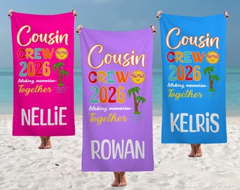Personalisierte Strandtücher, Cousin Crew Handtücher, Mädchen Reise 2026 Handtuch, Individuell bedrucktes Handtuch, Kinder Namenstuch, Pool-Party, Familienurlaub Geschenk