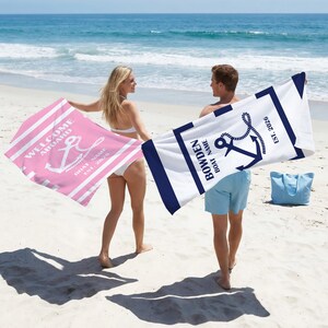 Personalized Nautical Anchor Beach Towels, Welcome Aboard Swim Towel,Birthday Club Pool Towels,Custom Boat Yatcht Towel,Summer Vacation Gift image 3