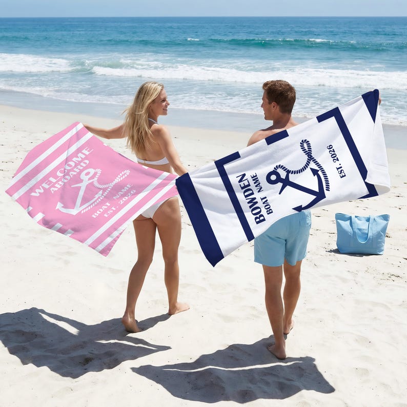 Personalized Nautical Anchor Beach Towels, Welcome Aboard Swim Towel,Birthday Club Pool Towels,Custom Boat Yatcht Towel,Summer Vacation Gift image 3