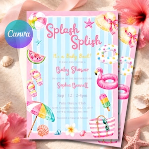 Könnte beinhalten: Eine Babyparty-Einladung mit Strand-Thema. Die Einladung zeigt einen rosa-blauen gestreiften Hintergrund mit Aquarell-Illustrationen von Strandartikeln, darunter ein Flamingo-Schwimmer, eine Strandtasche und Eis. Der Text lautet "Splash Splish" und enthält Details.