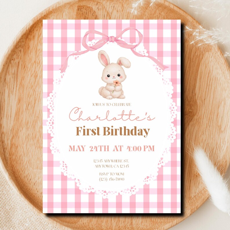 Editable Birthday Invitation Bunny Pink Gingham 1st Girl Canva Template ...