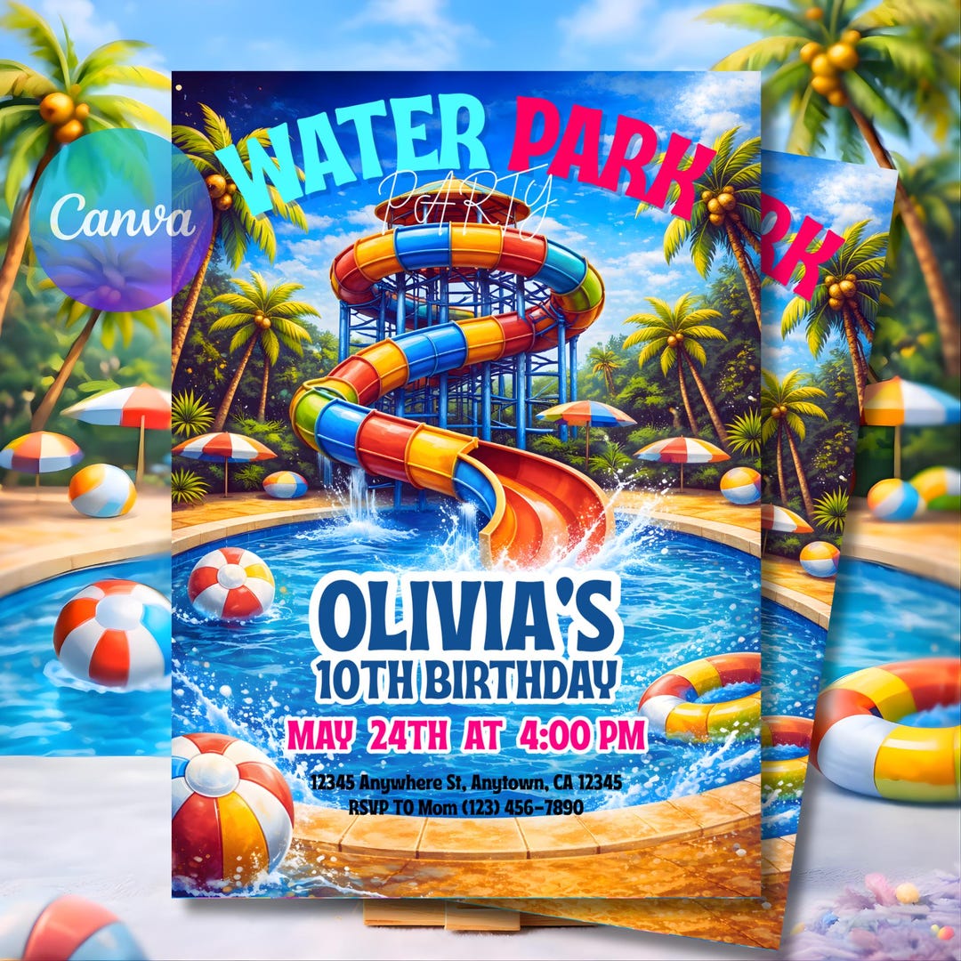 Editable Water Park 10th Birthday Invitation, Summer Pool Party Splash ...