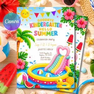 Könnte beinhalten: Eine farbenfrohe Einladung für eine Sommerfeier. Das Design zeigt einen Pool mit Rutsche, eine lächelnde Sonne und den Text "Goodbye Kindergarten Hello Summer". Enthält einen Wassermelonen-Eis am Stiel und eine Gummiente.