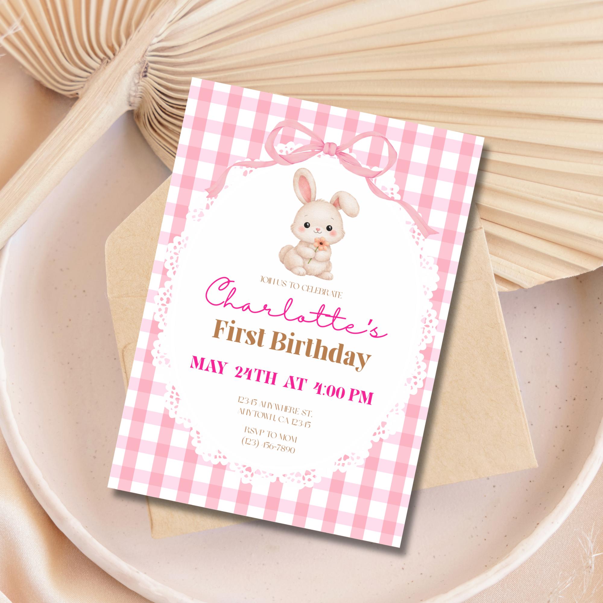 Editable Birthday Invitation Bunny Pink Gingham 1st Girl Canva Template ...