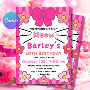 以下が含まれることがあります： ピンクと白の猫をテーマにした誕生日パーティーの招待状。「Meow Barley's 10th Birthday」のテキストとイベントの詳細が含まれています。デザインはリボン、花、ストライプの背景が特徴です。