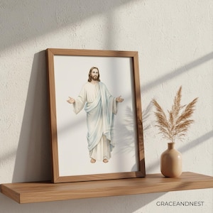 Smiling Jesus with Open Arms Art Print | Welcoming Christ Watercolor Painting | Gentle Savior Wall Decor | Christian Religious Gift