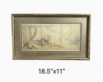 Panel japonés antiguo Kachō-ga con pájaros y flores Byobu, de Fleck Bros NYC, enmarcado.